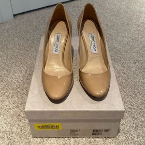 Jimmy Choo Esme Nude Patent Leather Round Toe Heel